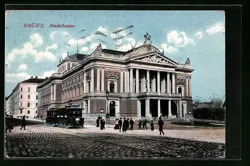 AK Brünn, Stadtheater mit Strassenbahn