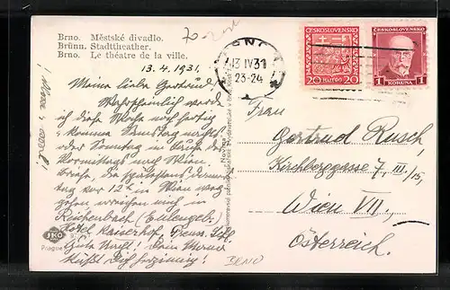 AK Brünn, Stadtheater mit Strassenbahn