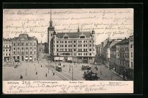 AK Brünn, Lichtensteingasse und Rennergasse mit Strassenbahn