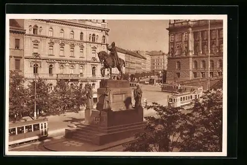 AK Prag, Wenzelsplatz mit Strassenbahn