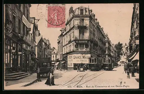 AK Blois, Rue du Commerce et rue Denis-Papin, Strassenbahn