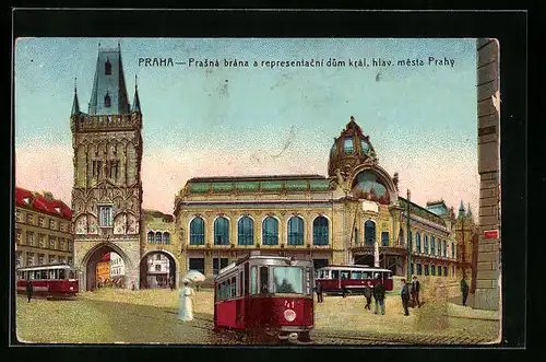 Lithographie Praha, Prasna brana a representacni dum klal. hlav. mesta Prahy, Strassenbahn