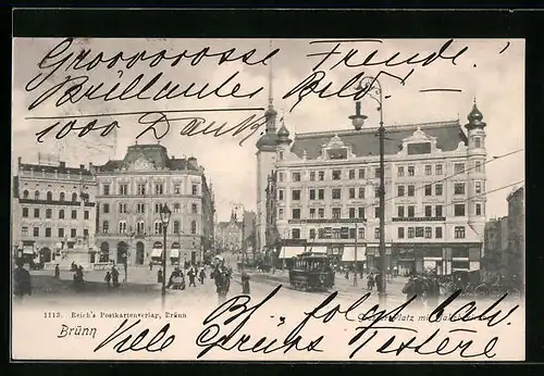 AK Brünn, Grosser Platz mit Jakobikirche, Strassenbahn