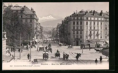 AK Genève, Rue du Mont-Blanc, Strassenbahn