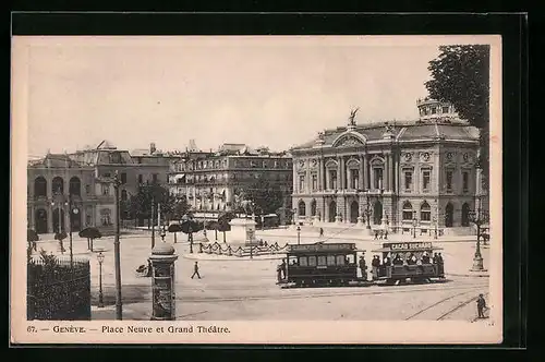 AK Genève, Place Neuve et Grand Theatre, Strassenbahn