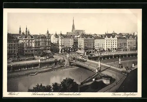 AK Wien, Strassenbahnen fahren über Schwedenbrücke und am Schwedenplatz vorbei