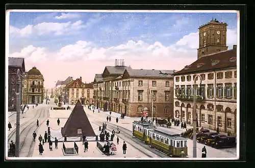 AK Karlsruhe, Strassenbahn bei Marktplatz am Rathaus