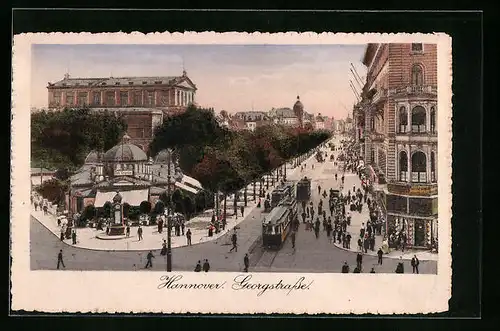 AK Hannover, Strassenbahn fährt durch Georgstrasse