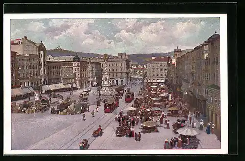 Künstler-AK Linz, Strassenbahnen am Kaiser Franz Josef-Platz