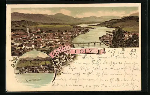 Lithographie Tölz, Teilansicht, Krankenbeil