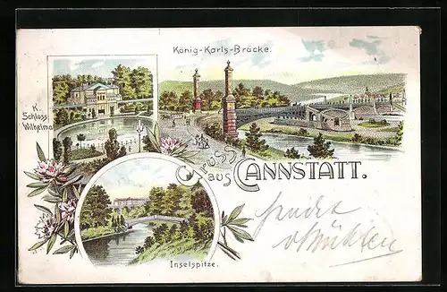Lithographie Cannstatt, K. Schloss Wilhelma, König-Karls-Brücke, Inselspitze