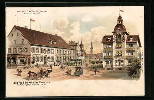 Künstler-AK Dürrheim, Hotel und Gasthof zum Kreuz mit Pferdewagen