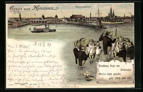 Lithographie Konstanz am Bodensee, Uferpartie mit Dampfer und Froschchor