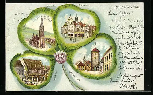 Passepartout-Lithographie Freiburg i /Br., Kaufhaus, Münster und Rathaus im Kleeblatt