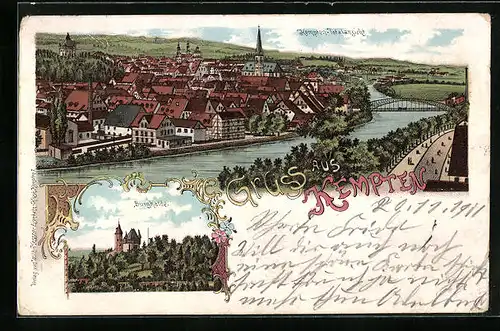 Lithographie Kempten, Totalansicht, Burghalde