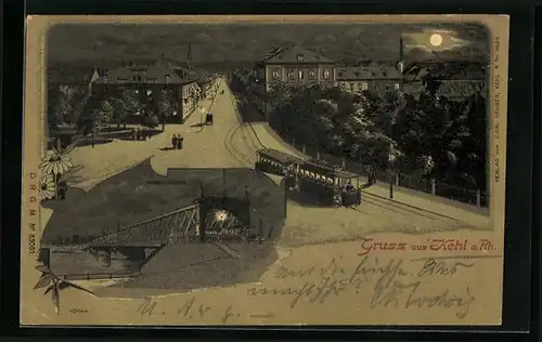 Lithographie Kehl a. Rh., Strassenpartie mit Gebäudeansicht und Strassenbahn bei Mondschein, Rheinbrücke