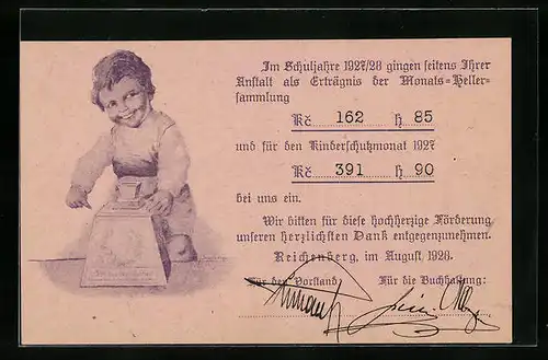 AK Kind mit einer Spendenbüchse, Kinderfürsorge in 1928