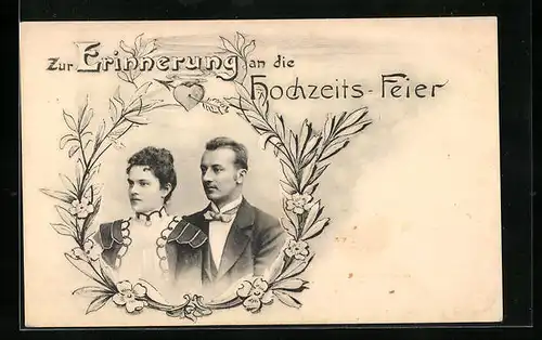 AK Erinnerung an die Hochzeit, Brautpaar im Kranz