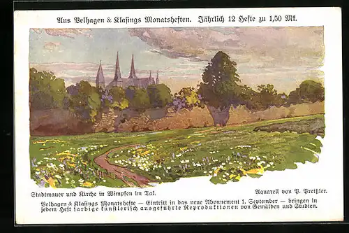 AK Werbung für die Monatshefte von Velhagen & Klasing, Stadtmauer und Kirche in Wipfen im Tal