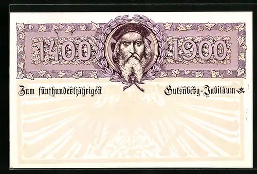 Lithographie 500-jähriges Gutenberg-Jubiläum, Gutenberg im Lorbeerkranz