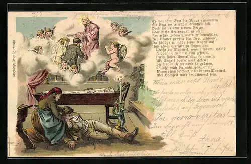 Lithographie Bis das der Tod uns scheidet..., Mann stirbt mit dem letzten Atemzug seiner Frau