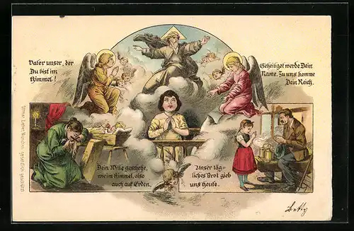 Lithographie Familienmitglieder beten für das Leben des im Sterben liegenden Kleinkindes