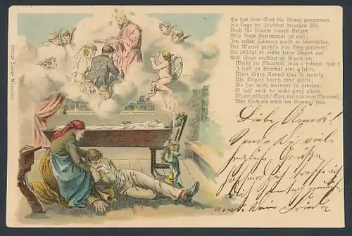 Lithographie Bis das der Tod uns scheidet..., Mann stirbt mit dem letzten Atemzug seiner Frau