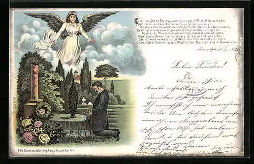 Lithographie Witwer trauert am Grab seiner Gattin, Engel gibt seinen Segen