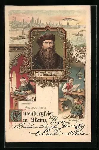 Lithographie Mainz, Johannes Gensfleisch zu Gutenberg zur 500. Gutenbergfeier 1900