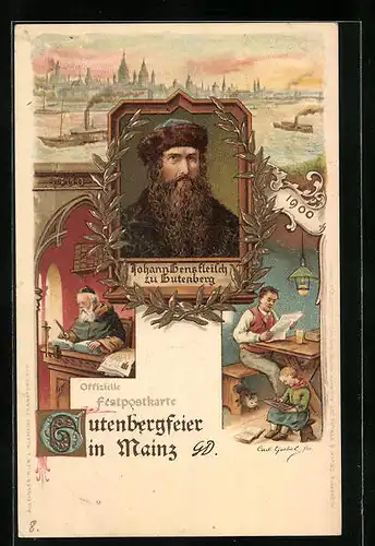 Lithographie Mainz, Johannes Gensfleisch zu Gutenberg zur 500. Gutenbergfeier 1900