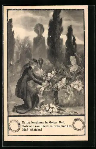 Künstler-AK Frau mit Trauerschleier besucht Grab ihres Liebsten