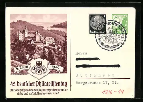 AK 42. Deutscher Philatelistentag 1936, Schloss, Ganzsache