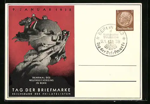 AK Tag der Briefmarke 1938, Denkmal des Weltpostvereins in Bern, Ganzsache