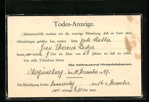AK Todes-Anzeige für Theresie Lacker, 14.12.1937