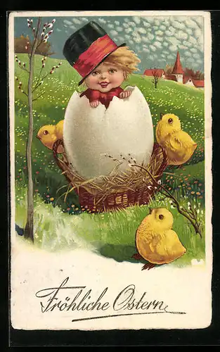 AK Kind im Ei mit Osterküken