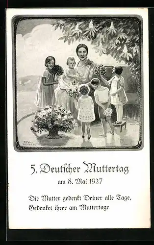 AK 5. Deutscher Muttertag 1927, Mutter mit ihren Kindern