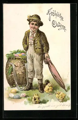 Präge-AK Knabe mit Osterküken und Schirm
