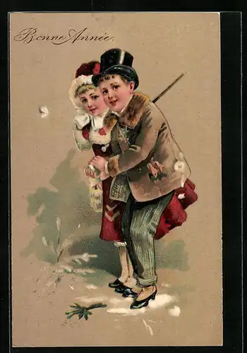 Präge-AK Paar bei Schneeballschlacht, Neujahr