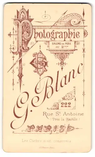 Fotografie G. Blanc, Paris, Rue St. Antoine 222, Grafische Darstellung des Fotografen Namens