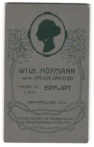 Fotografie Wilh. Hofmann, Erfurt, Anger 23, florale Jugendstil Darstellung mit Frauenkopf im Schattenrist