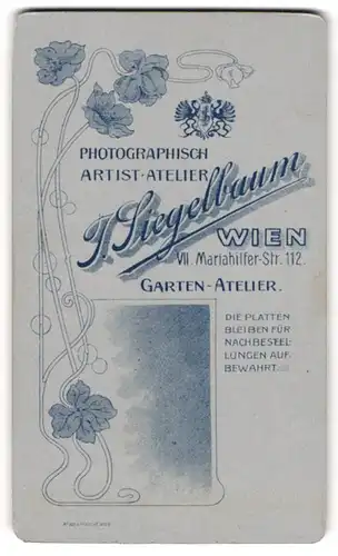 Fotografie J. Siegelbaum, Wien, Mariahilferstr. 112, florale Umrandung im Jugendstil mit Fotografen Schriftzug