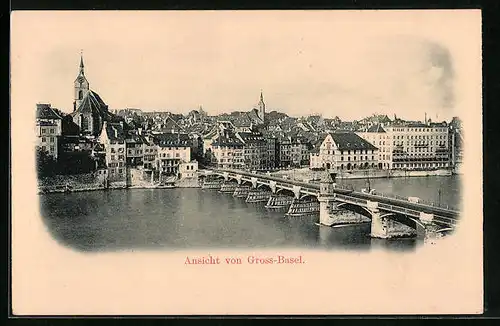 AK Gross-Basel, Uferpartie mit Brücke
