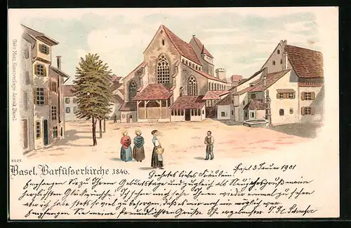 Lithographie Basel, Barfüsserkirche 1846