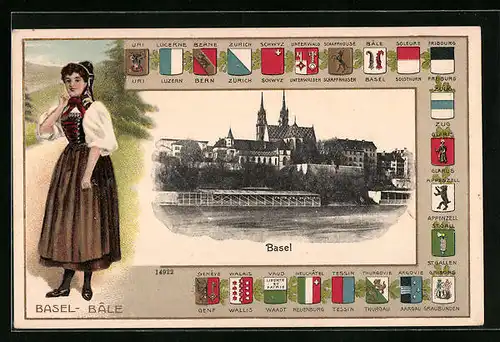 Präge-AK Basel, Uferpartie mit Kirche, Frau in Tracht, Wappen von Uri, Luzern und Bern, Passepartout