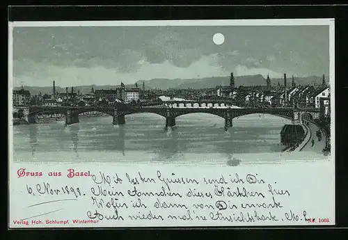 Mondschein-Lithographie Basel, Teilansicht mit Brücke