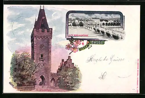 AK Basel, Alte Rheinbrücke, St. Albantor