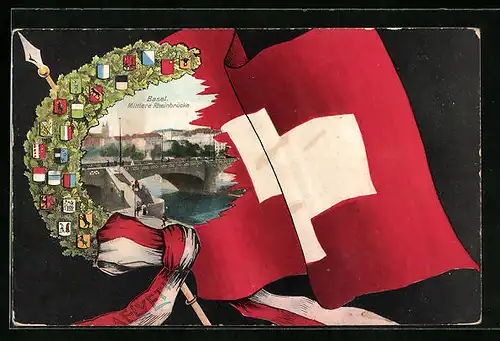AK Basel, Mittlere Rheinbrücke, Wappen & Flagge, Passepartout