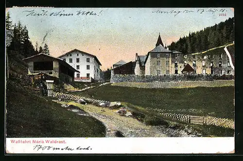 AK Maria Waldrast, Ortsansicht mit Kirche und Ruine