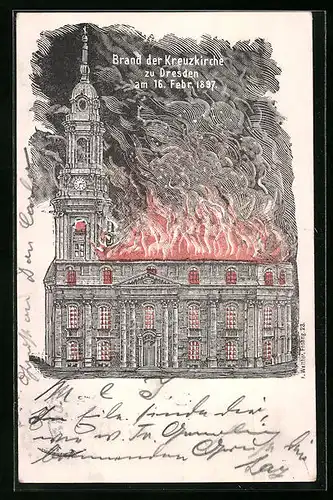 Künstler-AK Dresden-Brand der Kreuzkirche am 16. Februar 1897