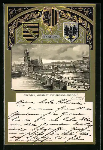 Präge-Passepartout-Lithographie Dresden, Altstadt mit Augustusbrücke